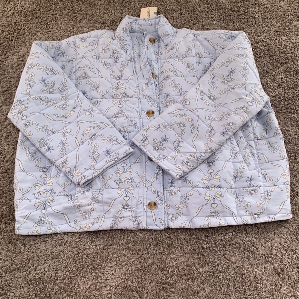 Arizona Jean Co Blue Floral Quilted Jacket XXL New With Tags Bow Print Button Up